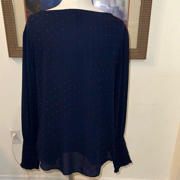 Ann Taylor Navy Blue Polka Dot Pattern Top Size Large - Picture 8 of 11